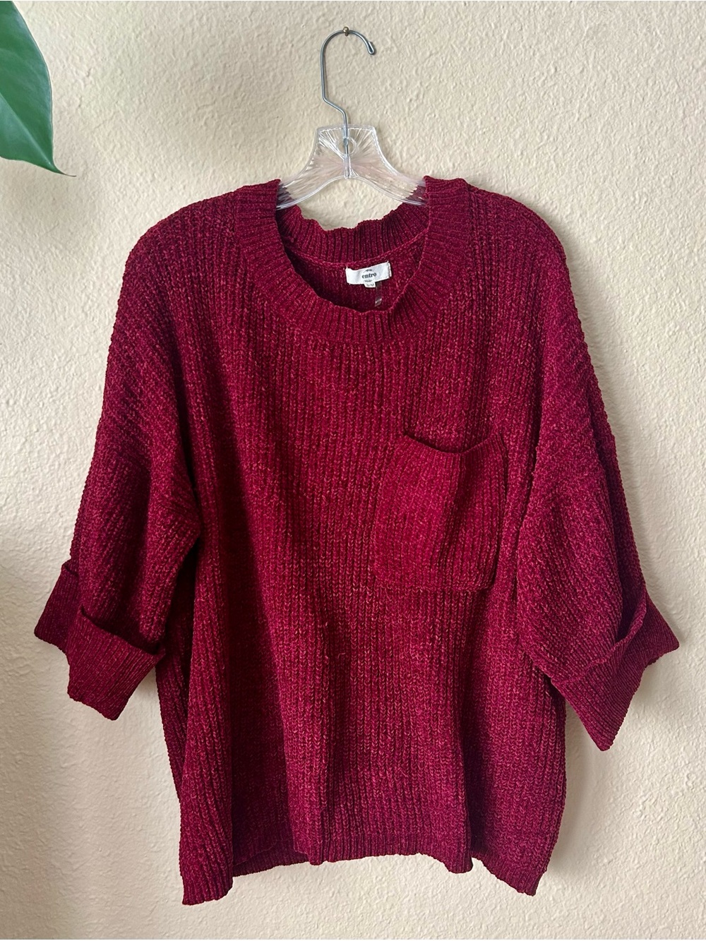 entro Wine Red Chenille Crewneck Sweater with Pocket